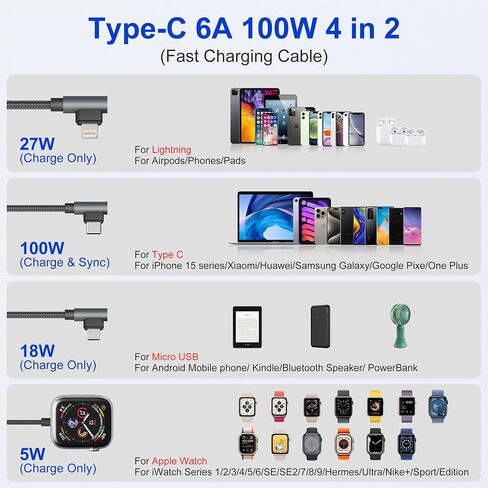 100W Multi Charging Cable 4 in 2 for Apple Watch Charger - 90 Degree Travel Watch & Phone Charger with Lightning/Type C/Micro USB Port Compatible with All iWatch iPhone MacBook iPad Galaxy S23 in Saudi Arabia