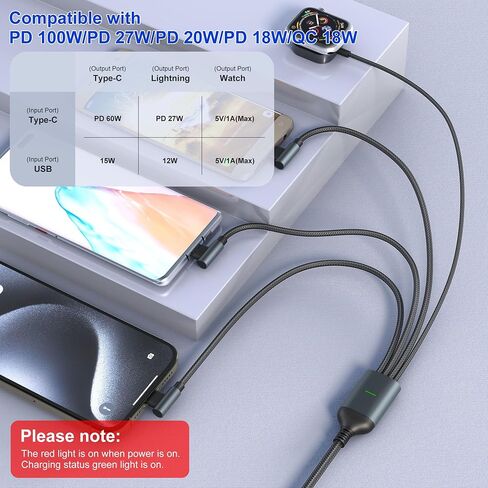 100W Multi Charging Cable 4 in 2 for Apple Watch Charger - 90 Degree Travel Watch & Phone Charger with Lightning/Type C/Micro USB Port Compatible with All iWatch iPhone MacBook iPad Galaxy S23 in Saudi Arabia