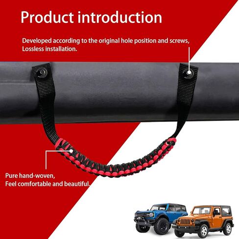 gunhunt 2 PCS Car Roof Handle, Anti-roll Bar Braided Paracord Grip, No Drilling Required Hand-woven Rope Comfortable Grip, Compatible with Ford Bronco Jeep Wrangler Interior Accessories (Red) in Saudi Arabia