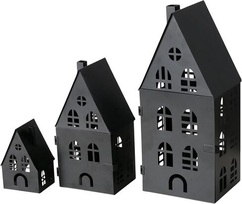 Main Street Town House Candle Lanterns, Set of 3, Vintage Style, Heart Details, Rustic Black, Metal, Corrugated Gabled Roof-tops, 13.75, 9.5, and 5 Inches Tall in Saudi Arabia