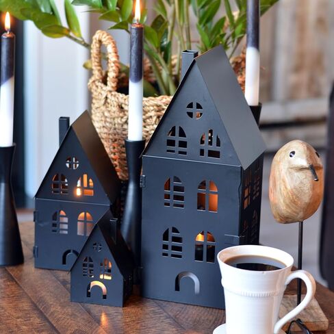 Main Street Town House Candle Lanterns, Set of 3, Vintage Style, Heart Details, Rustic Black, Metal, Corrugated Gabled Roof-tops, 13.75, 9.5, and 5 Inches Tall in Saudi Arabia