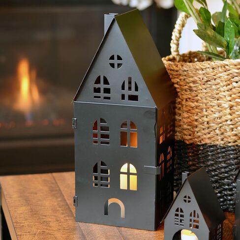 Main Street Town House Candle Lanterns, Set of 3, Vintage Style, Heart Details, Rustic Black, Metal, Corrugated Gabled Roof-tops, 13.75, 9.5, and 5 Inches Tall in Saudi Arabia
