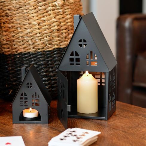 Main Street Town House Candle Lanterns, Set of 3, Vintage Style, Heart Details, Rustic Black, Metal, Corrugated Gabled Roof-tops, 13.75, 9.5, and 5 Inches Tall in Saudi Arabia