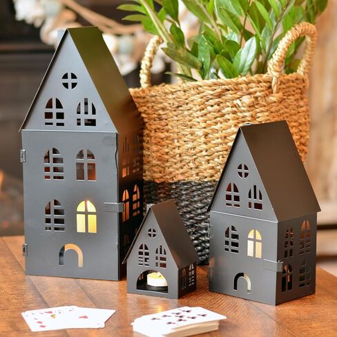 Main Street Town House Candle Lanterns, Set of 3, Vintage Style, Heart Details, Rustic Black, Metal, Corrugated Gabled Roof-tops, 13.75, 9.5, and 5 Inches Tall in Saudi Arabia