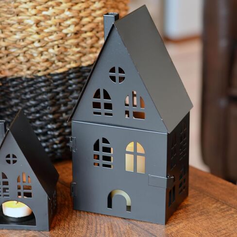 Main Street Town House Candle Lanterns, Set of 3, Vintage Style, Heart Details, Rustic Black, Metal, Corrugated Gabled Roof-tops, 13.75, 9.5, and 5 Inches Tall in Saudi Arabia