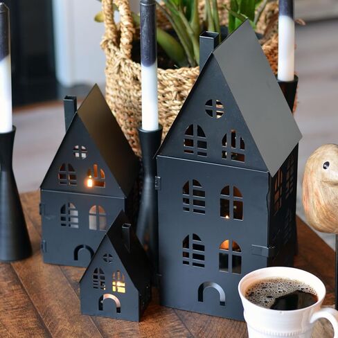 Main Street Town House Candle Lanterns, Set of 3, Vintage Style, Heart Details, Rustic Black, Metal, Corrugated Gabled Roof-tops, 13.75, 9.5, and 5 Inches Tall in Saudi Arabia