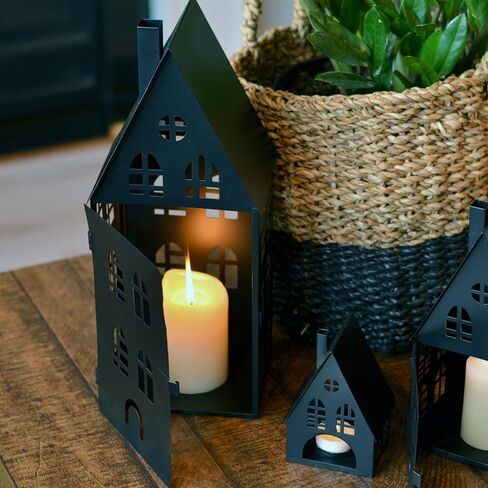 Main Street Town House Candle Lanterns, Set of 3, Vintage Style, Heart Details, Rustic Black, Metal, Corrugated Gabled Roof-tops, 13.75, 9.5, and 5 Inches Tall in Saudi Arabia