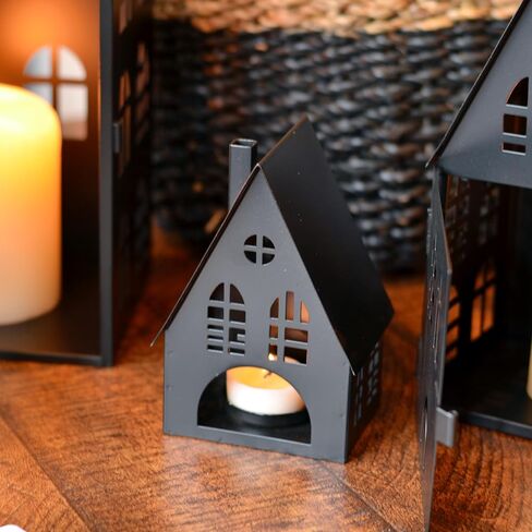 Main Street Town House Candle Lanterns, Set of 3, Vintage Style, Heart Details, Rustic Black, Metal, Corrugated Gabled Roof-tops, 13.75, 9.5, and 5 Inches Tall in Saudi Arabia