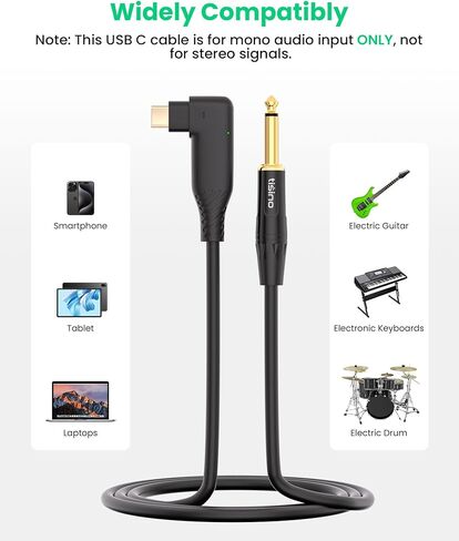 كابل صوت أحادي USB C إلى 6.35 مم TS من tisino، زاوية قائمة 1/4 بوصة TS إلى USB نوع C كابل سلك معدات تسجيل الجهير/الجيتار، متوافق مع الكمبيوتر المحمول/الكمبيوتر الشخصي/الهاتف الذكي مع منافذ USB C - 2 متر/6.6 قدم in Kuwait