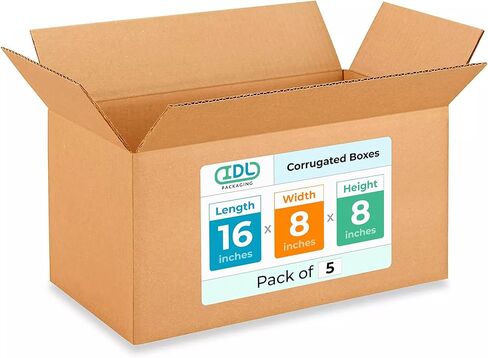 IDL Packaging Medium Corrugated Shipping Boxes 16"L x 8"W x 8"H (Pack of 5) - Quality Choice of Sturdy Packing Boxes for USPS, UPS, FedEx Shipping - Easy-to-Recycle Cardboard Boxes for Packaging in Saudi Arabia
