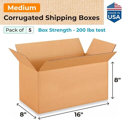 IDL Packaging Medium Corrugated Shipping Boxes 16"L x 8"W x 8"H (Pack of 5) - Quality Choice of Sturdy Packing Boxes for USPS, UPS, FedEx Shipping - Easy-to-Recycle Cardboard Boxes for Packaging in Saudi Arabia