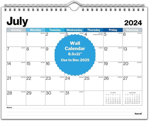 تقويم حائط Dunwell 8.5x11 2024-2025، استخدم 18 شهرًا، يوليو 2024 - ديسمبر 2025، تقويم المكتب 2024-25، تقويم معلق حلزوني، تقويم مكتب صغير، تقويم شهري 8.5 × 11 in Kuwait