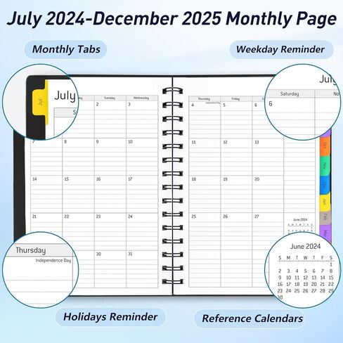 مخطط يومي 2024-2025 - مخطط 18 شهرًا مع علامات تبويب، تقويم سنوي شهري أسبوعي، مخطط إدارة الوقت الحلزوني، يوليو 2024 - ديسمبر 2025، غطاء مرن، ورق سميك 100 جرام في المتر المربع، مقاس A5، أسود in Kuwait