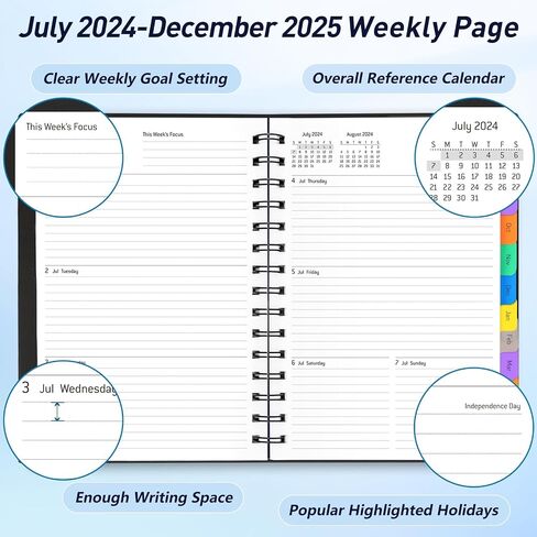 مخطط يومي 2024-2025 - مخطط 18 شهرًا مع علامات تبويب، تقويم سنوي شهري أسبوعي، مخطط إدارة الوقت الحلزوني، يوليو 2024 - ديسمبر 2025، غطاء مرن، ورق سميك 100 جرام في المتر المربع، مقاس A5، أسود in Kuwait