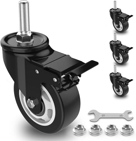 Homhoo 3" Stem Caster Wheels with Safety Dual Locking, 1/2" -13 x 1-1/2" Heavy Duty Threaded Stem Casters, No Noise Swivel Castors with Brakes, 250 Lbs Load Capacity Per Caster(Set of 4) in Saudi Arabia