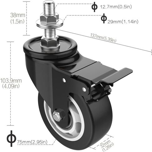 Homhoo 3" Stem Caster Wheels with Safety Dual Locking, 1/2" -13 x 1-1/2" Heavy Duty Threaded Stem Casters, No Noise Swivel Castors with Brakes, 250 Lbs Load Capacity Per Caster(Set of 4) in Saudi Arabia