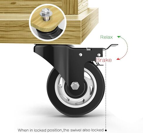 Homhoo 3" Stem Caster Wheels with Safety Dual Locking, 1/2" -13 x 1-1/2" Heavy Duty Threaded Stem Casters, No Noise Swivel Castors with Brakes, 250 Lbs Load Capacity Per Caster(Set of 4) in Saudi Arabia
