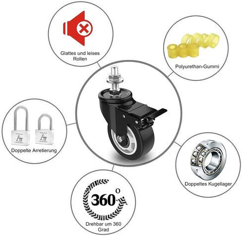 Homhoo 3" Stem Caster Wheels with Safety Dual Locking, 1/2" -13 x 1-1/2" Heavy Duty Threaded Stem Casters, No Noise Swivel Castors with Brakes, 250 Lbs Load Capacity Per Caster(Set of 4) in Saudi Arabia