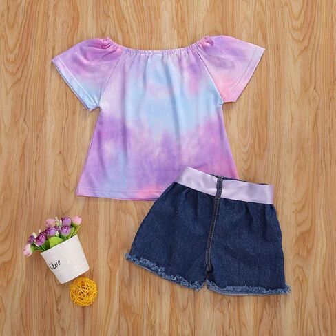 Bmnmsl طفل رضيع الفتيات الأزهار قصيرة الأكمام بلايز تي شيرت سترة و الدنيم مجموعة تي شيرتات قصيرة للأطفال الاطفال 1T 2T 3T 4T 5T 6T ملابس الصيف وتتسابق in Kuwait