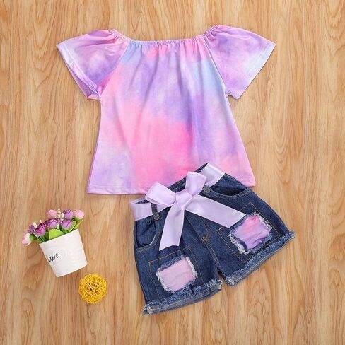 Bmnmsl طفل رضيع الفتيات الأزهار قصيرة الأكمام بلايز تي شيرت سترة و الدنيم مجموعة تي شيرتات قصيرة للأطفال الاطفال 1T 2T 3T 4T 5T 6T ملابس الصيف وتتسابق in Kuwait