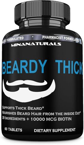 BEARDY Thick Beard Growth Vitamins for Men, B7 Biotin 10000 mcg, Keratin, Collagen, Silica, and 36 More. Grow Beard Thicker, Stronger. Facial Hair Growth Treatment. 60 Tablets in Saudi Arabia