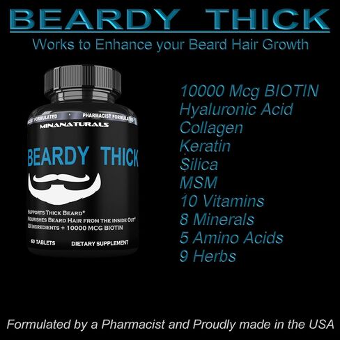 BEARDY Thick Beard Growth Vitamins for Men, B7 Biotin 10000 mcg, Keratin, Collagen, Silica, and 36 More. Grow Beard Thicker, Stronger. Facial Hair Growth Treatment. 60 Tablets in Saudi Arabia