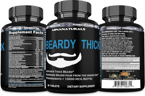 BEARDY Thick Beard Growth Vitamins for Men, B7 Biotin 10000 mcg, Keratin, Collagen, Silica, and 36 More. Grow Beard Thicker, Stronger. Facial Hair Growth Treatment. 60 Tablets in Saudi Arabia