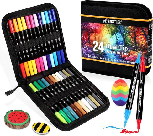24 Colors Acrylic Paint Markers, Dual Tip with Fine Tip and Brush Tip Pens for Stone, Wood, Calligraphy, Canvas, Ceramic, Metal, Glass, Rock Painting, DIY Crafts Art Supplies Kit in Saudi Arabia