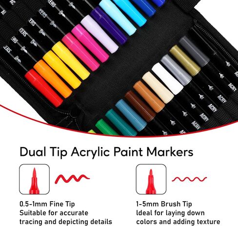 24 Colors Acrylic Paint Markers, Dual Tip with Fine Tip and Brush Tip Pens for Stone, Wood, Calligraphy, Canvas, Ceramic, Metal, Glass, Rock Painting, DIY Crafts Art Supplies Kit in Saudi Arabia