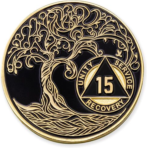 1 Year Sobriety Mint Twisted Tree of Life Gold Plated AA Recovery Medallion/Chip/Token - Black in Saudi Arabia