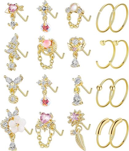 LOREMOW 20 قطعة 20 جرام من الفولاذ المقاوم للصدأ حلقات الأنف المتدلية للنساء على شكل حرف L أقراط الأنف المتدلية للفتيات على شكل قلب زهرة فراشة مجوهرات ثقب الأنف in Kuwait