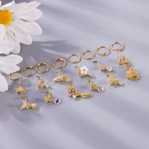 LOREMOW 20 قطعة 20 جرام من الفولاذ المقاوم للصدأ حلقات الأنف المتدلية للنساء على شكل حرف L أقراط الأنف المتدلية للفتيات على شكل قلب زهرة فراشة مجوهرات ثقب الأنف in Kuwait