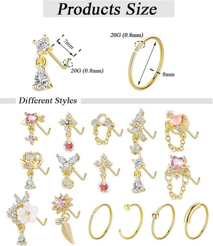 LOREMOW 20 قطعة 20 جرام من الفولاذ المقاوم للصدأ حلقات الأنف المتدلية للنساء على شكل حرف L أقراط الأنف المتدلية للفتيات على شكل قلب زهرة فراشة مجوهرات ثقب الأنف in Kuwait