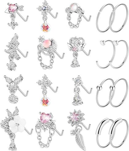LOREMOW 20Pcs 20G Stainless Steel Dangle Nose Rings Studs for Women L Shaped Dangling Nose Studs for Girls Heart Flower Butterfly Nose Piercing Jewelry in Saudi Arabia
