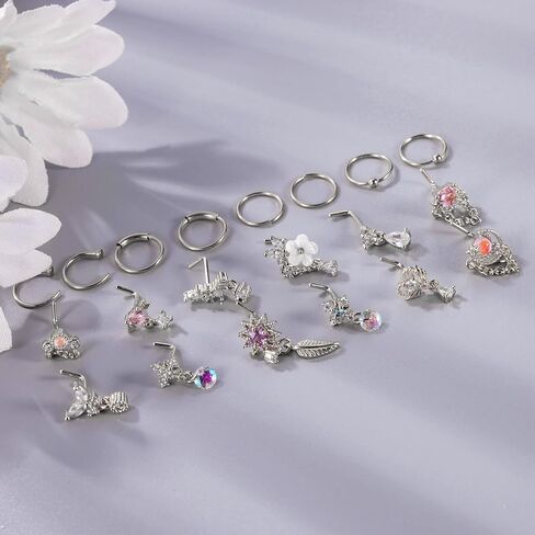 LOREMOW 20Pcs 20G Stainless Steel Dangle Nose Rings Studs for Women L Shaped Dangling Nose Studs for Girls Heart Flower Butterfly Nose Piercing Jewelry in Saudi Arabia