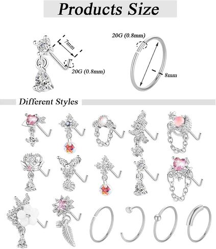 LOREMOW 20Pcs 20G Stainless Steel Dangle Nose Rings Studs for Women L Shaped Dangling Nose Studs for Girls Heart Flower Butterfly Nose Piercing Jewelry in Saudi Arabia