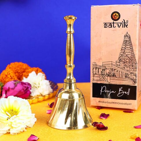 SATVIK 1 Pc Brass Puja Bells Indian Religious Diwali Festive Daily Pooja Home Mandir Temple Office Ghanti School Reception Wedding Christmas Handheld Call Bell Spirtiual Housewarming Return Gift Items in Saudi Arabia