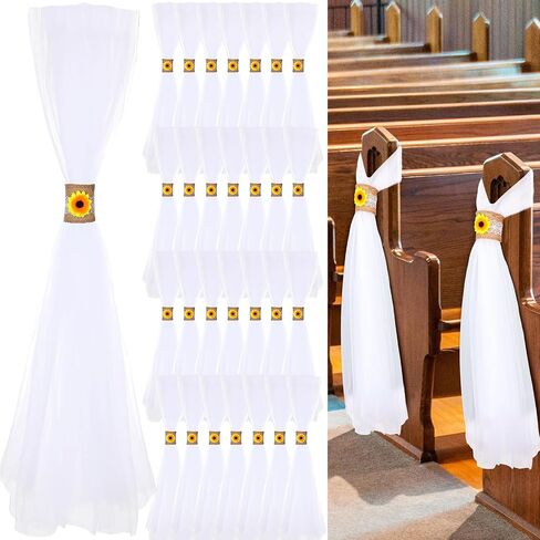 24 Sets Large Wedding Pew Bows 24 Inch Tulle Wedding Bows with Sunflower Wrap Wedding Chair Aisle Pew Decorations for Church Weddings Bridal Shower Reception Birthday Ceremony in Saudi Arabia