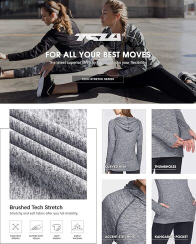 سترة بغطاء للرأس بأكمام طويلة للسيدات من TSLA، سويت شيرت رياضي خفيف الوزن، تي شيرت بغطاء للرأس للأداء النشط in Kuwait