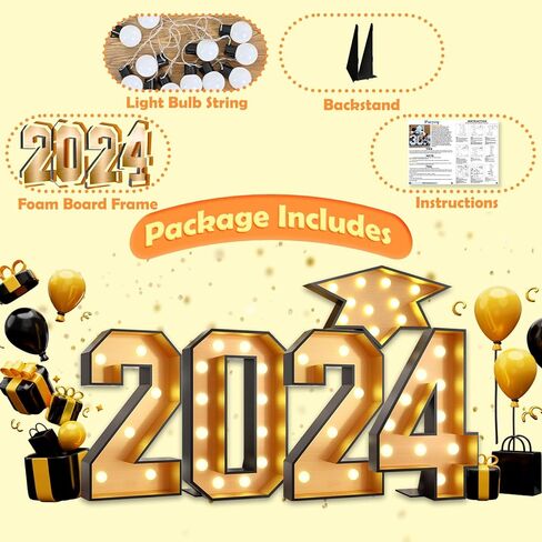 أرقام مضيئة من FunHot Marque، أرقام سرادق 2024 مع أضواء، إطار فسيفساء ذهبي أسود، رقم قبعة التخرج، زخرفة من الورق المقوى مسبقًا للذكرى السنوية للعام الجديد 2024، ديكورات حفلات التخرج in Kuwait