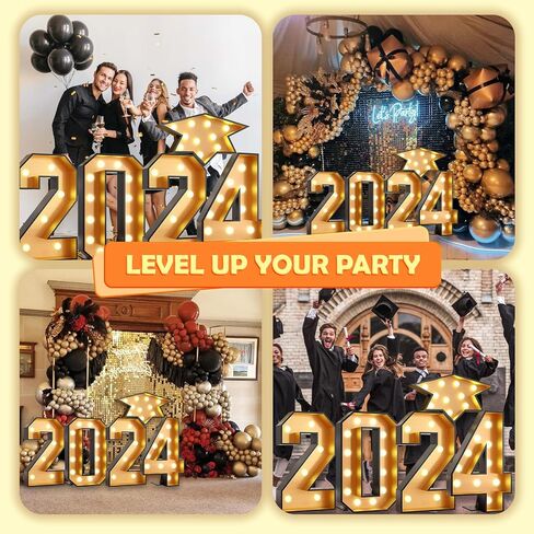 أرقام مضيئة من FunHot Marque، أرقام سرادق 2024 مع أضواء، إطار فسيفساء ذهبي أسود، رقم قبعة التخرج، زخرفة من الورق المقوى مسبقًا للذكرى السنوية للعام الجديد 2024، ديكورات حفلات التخرج in Kuwait