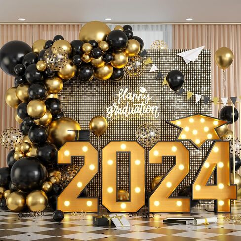 أرقام مضيئة من FunHot Marque، أرقام سرادق 2024 مع أضواء، إطار فسيفساء ذهبي أسود، رقم قبعة التخرج، زخرفة من الورق المقوى مسبقًا للذكرى السنوية للعام الجديد 2024، ديكورات حفلات التخرج in Kuwait