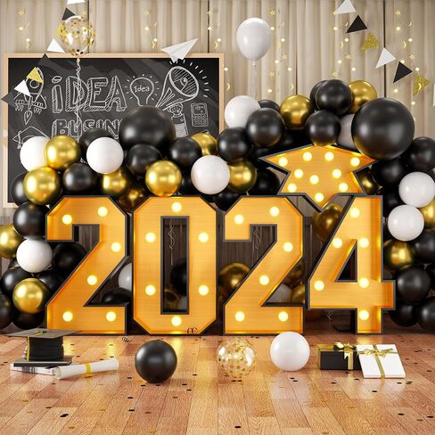 أرقام مضيئة من FunHot Marque، أرقام سرادق 2024 مع أضواء، إطار فسيفساء ذهبي أسود، رقم قبعة التخرج، زخرفة من الورق المقوى مسبقًا للذكرى السنوية للعام الجديد 2024، ديكورات حفلات التخرج in Kuwait