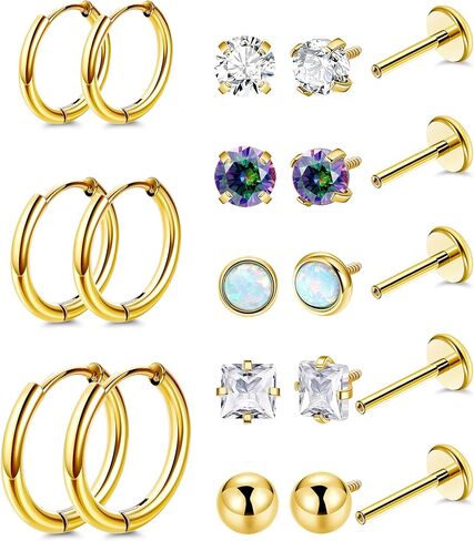 LOREMOW 18G 8Pairs Surgical Steel Earrings Set for Women Men Stud Earrings for Sensitive Ears Hypoallergenic Huggie Hoop Earrings Opal CZ Cartilage Helix Flat Back Earrings for Multiple Piercing in Saudi Arabia