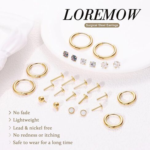 LOREMOW 18G 8Pairs Surgical Steel Earrings Set for Women Men Stud Earrings for Sensitive Ears Hypoallergenic Huggie Hoop Earrings Opal CZ Cartilage Helix Flat Back Earrings for Multiple Piercing in Saudi Arabia