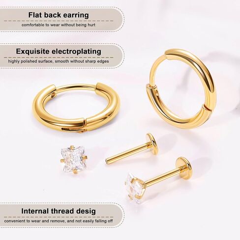 LOREMOW 18G 8Pairs Surgical Steel Earrings Set for Women Men Stud Earrings for Sensitive Ears Hypoallergenic Huggie Hoop Earrings Opal CZ Cartilage Helix Flat Back Earrings for Multiple Piercing in Saudi Arabia