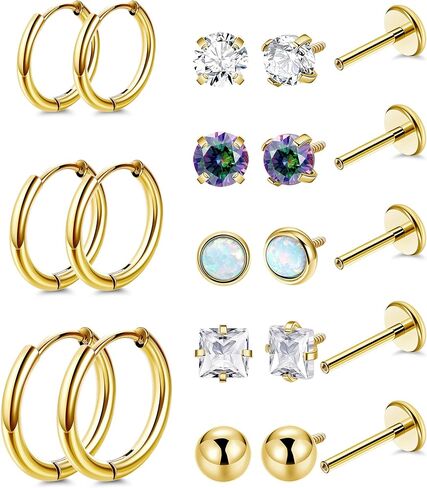 LOREMOW 18G 8Pairs Surgical Steel Earrings Set for Women Men Stud Earrings for Sensitive Ears Hypoallergenic Huggie Hoop Earrings Opal CZ Cartilage Helix Flat Back Earrings for Multiple Piercing in Saudi Arabia