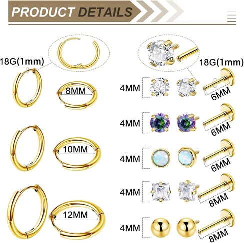 LOREMOW 18G 8Pairs Surgical Steel Earrings Set for Women Men Stud Earrings for Sensitive Ears Hypoallergenic Huggie Hoop Earrings Opal CZ Cartilage Helix Flat Back Earrings for Multiple Piercing in Saudi Arabia