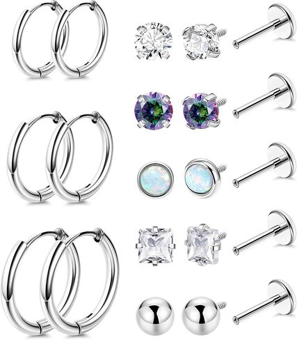 LOREMOW 18G 8Pairs Surgical Steel Earrings Set for Women Men Stud Earrings for Sensitive Ears Hypoallergenic Huggie Hoop Earrings Opal CZ Cartilage Helix Flat Back Earrings for Multiple Piercing in Saudi Arabia