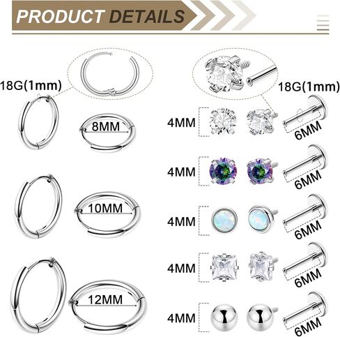 LOREMOW 18G 8Pairs Surgical Steel Earrings Set for Women Men Stud Earrings for Sensitive Ears Hypoallergenic Huggie Hoop Earrings Opal CZ Cartilage Helix Flat Back Earrings for Multiple Piercing in Saudi Arabia